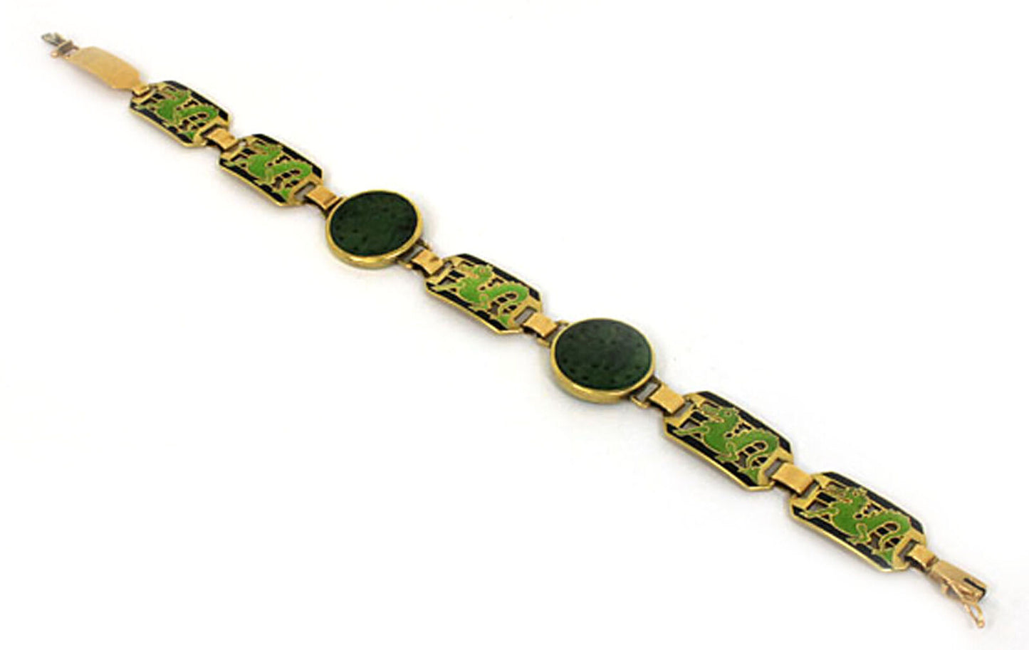 Carved Jade & Enamel 14k Yellow Gold Link Bracelet