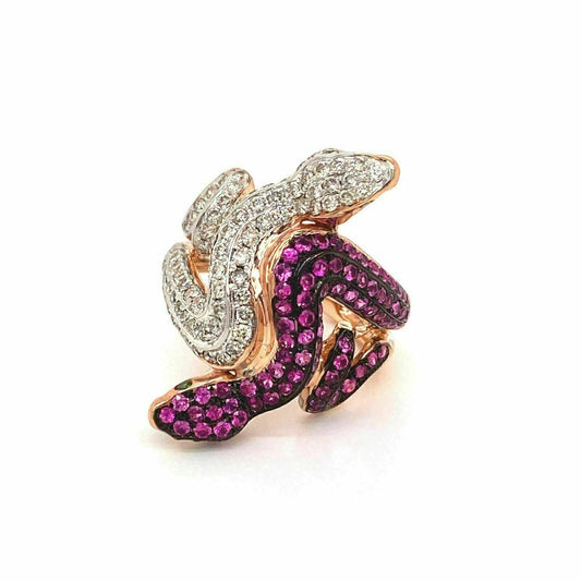 Snake Diamond Ruby & Green Garnet 18k Rose Gold Ring - Size 6