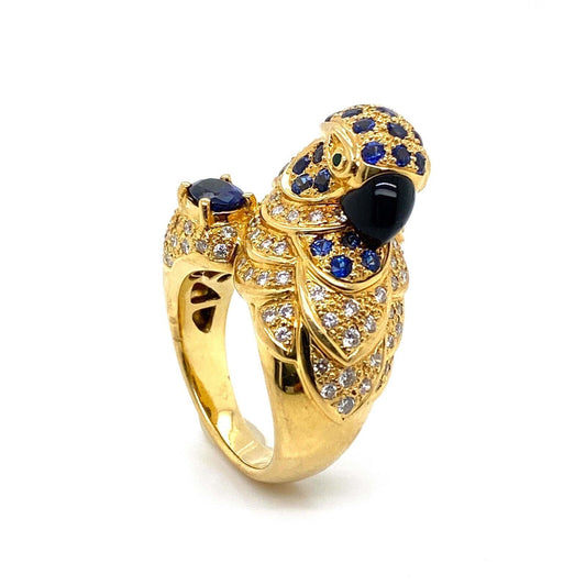 Stunning 3.46ct Diamond & Sapphire 18k Yellow Gold Parrot Ring