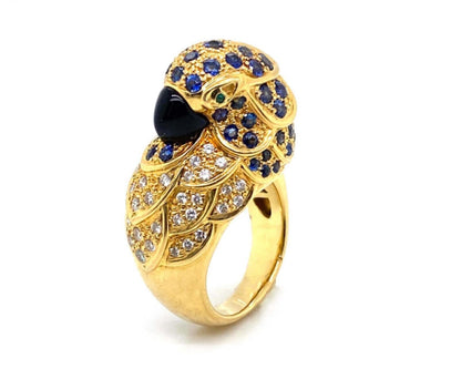 Stunning 3.46ct Diamond & Sapphire 18k Yellow Gold Parrot Ring