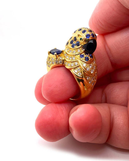 Stunning 3.46ct Diamond & Sapphire 18k Yellow Gold Parrot Ring