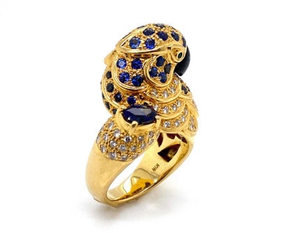 Stunning 3.46ct Diamond & Sapphire 18k Yellow Gold Parrot Ring