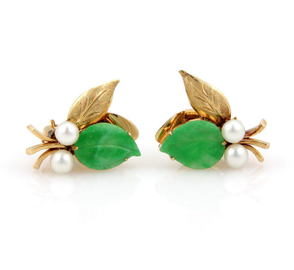 Jade Pearls Flower & Leaves 14k Yellow Gold Clip On Earrings