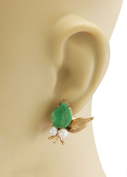 Jade Pearls Flower & Leaves 14k Yellow Gold Clip On Earrings