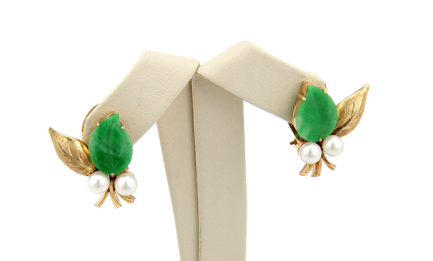 Jade Pearls Flower & Leaves 14k Yellow Gold Clip On Earrings