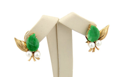 Jade Pearls Flower & Leaves 14k Yellow Gold Clip On Earrings