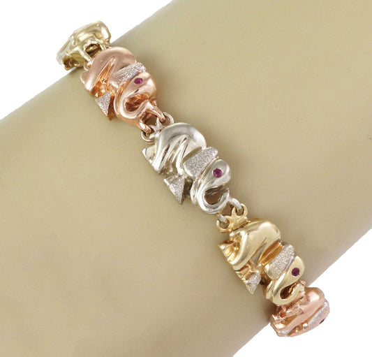 Elephant Ruby 14k Tri Color Gold Link Bracelet