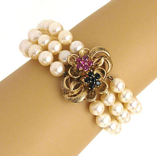 Sapphire & Ruby Triple Strand 14k Yellow Gold Pearl Bracelet