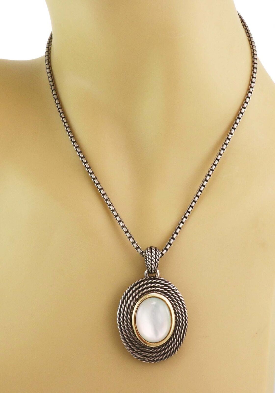 David Yurman Sterling Silver & 14k Gold Oval Mother of Pearl Pendant Necklace
