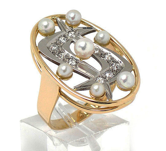 Diamond & Pearls 14k Two Tone Gold Oval Top Ring - Size 8