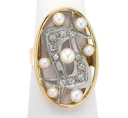 Diamond & Pearls 14k Two Tone Gold Oval Top Ring - Size 8