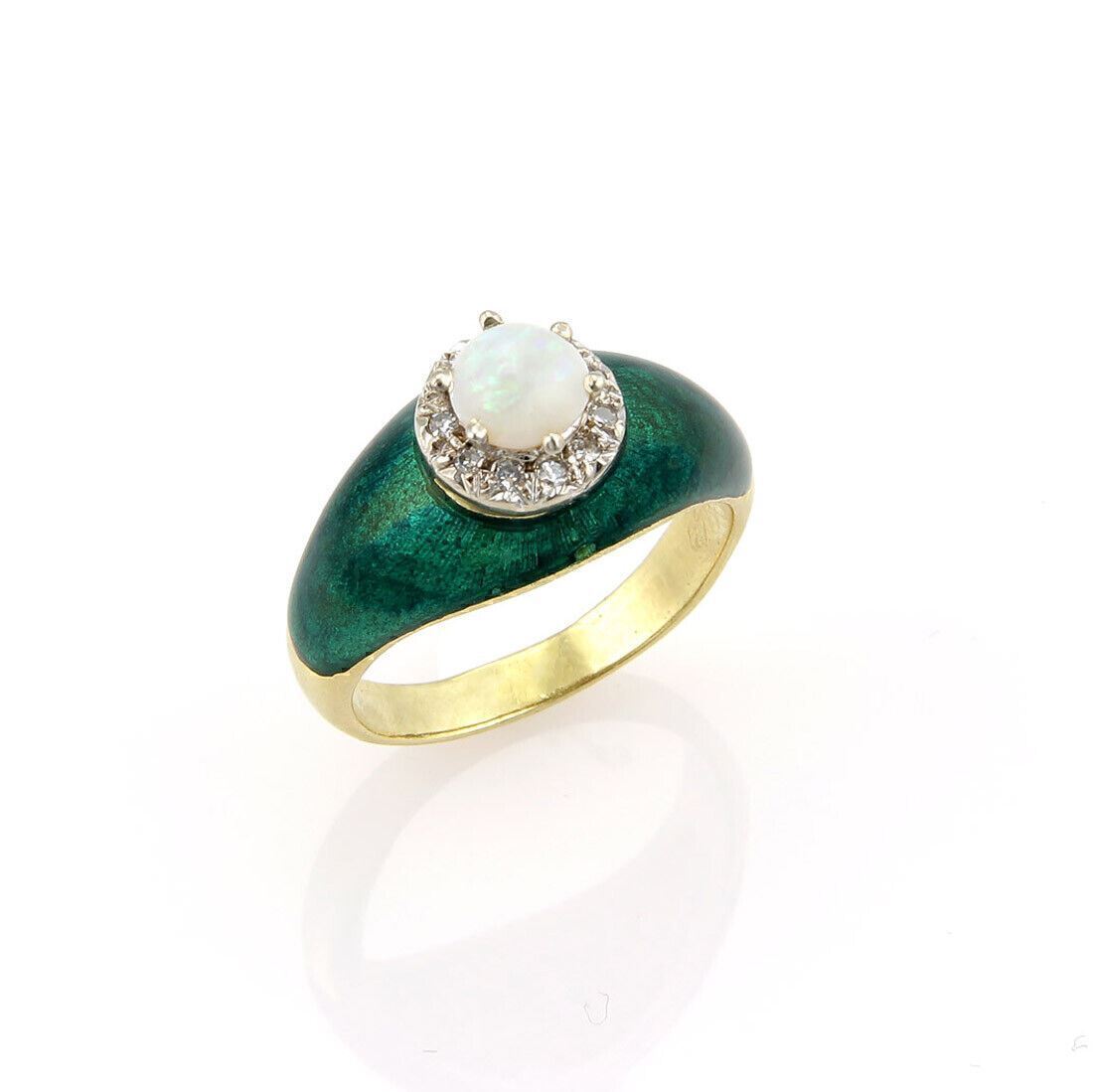 Opal Diamond & Green Enamel 18k Yellow Gold Cocktail Ring - Size 8