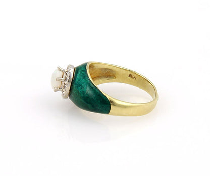 Opal Diamond & Green Enamel 18k Yellow Gold Cocktail Ring - Size 8