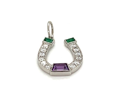 Tiffany & Co. Platinum Diamond Emerald Amethyst Horseshoe Charm Pendant