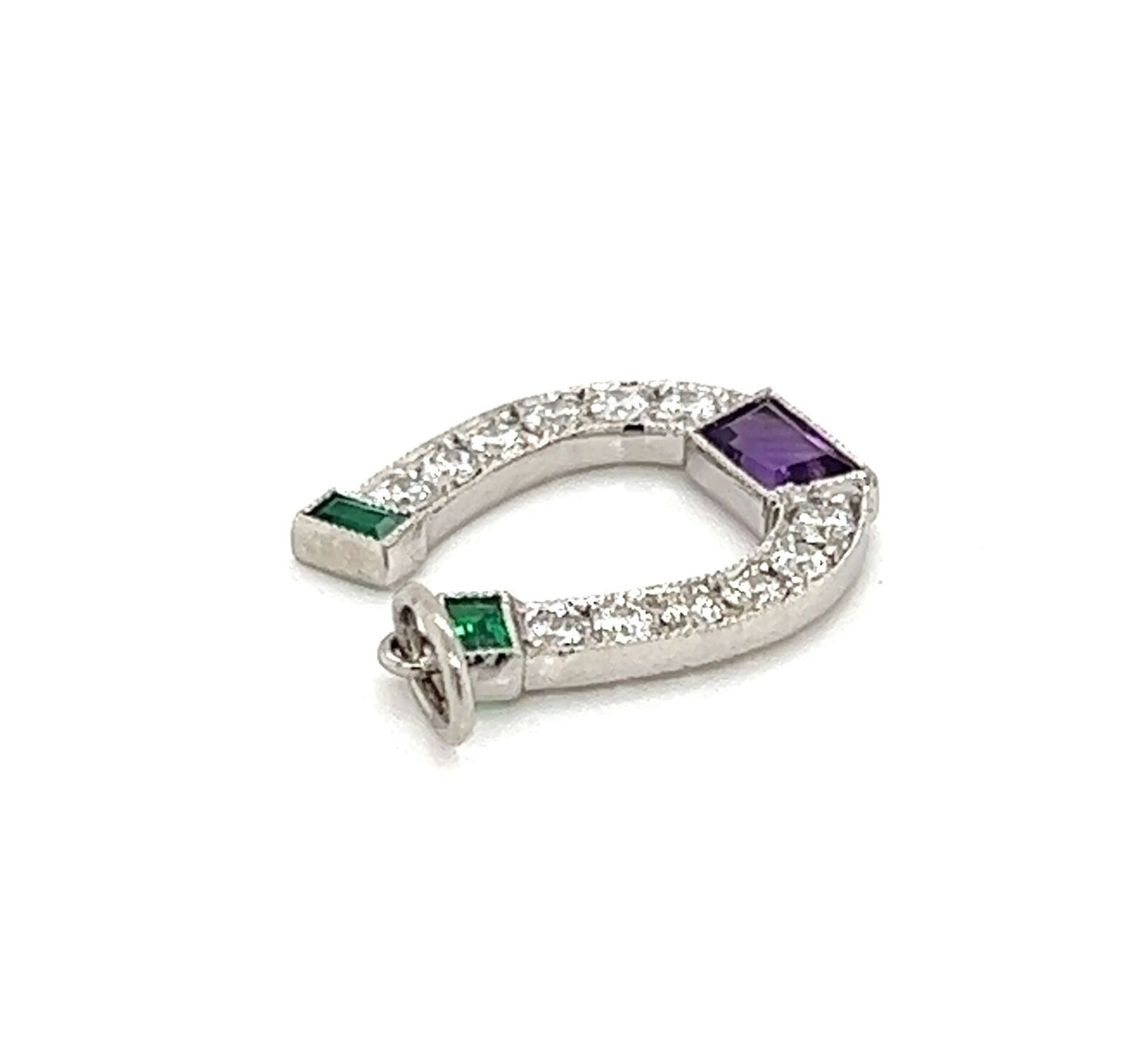 Tiffany & Co. Platinum Diamond Emerald Amethyst Horseshoe Charm Pendant