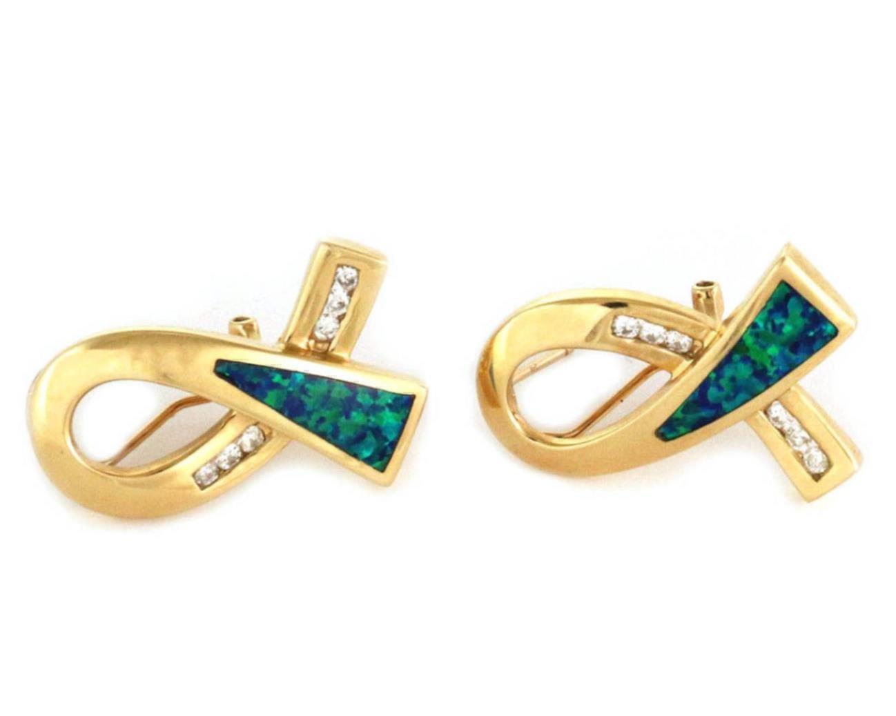 Diamond & Opal 14k Yellow Gold Ribbon Loop Post Clip Earrings