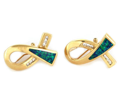Diamond & Opal 14k Yellow Gold Ribbon Loop Post Clip Earrings