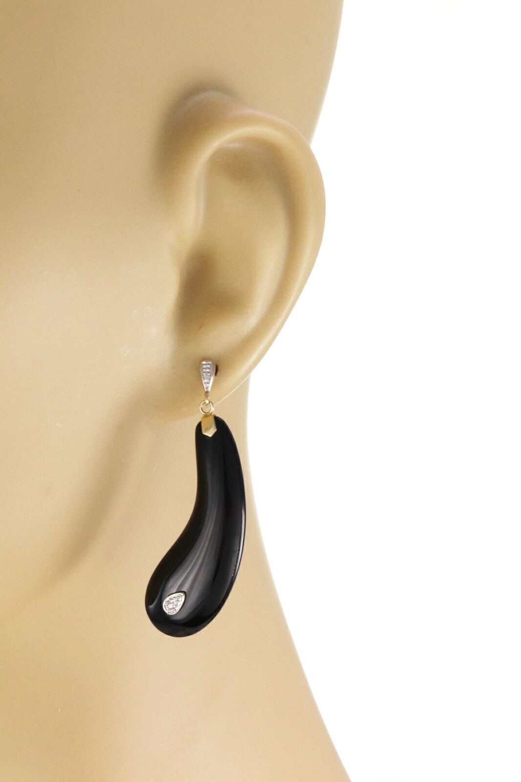 Onyx & Diamond 14k Two Tone Gold  Long Teardrop Dangle Earrings