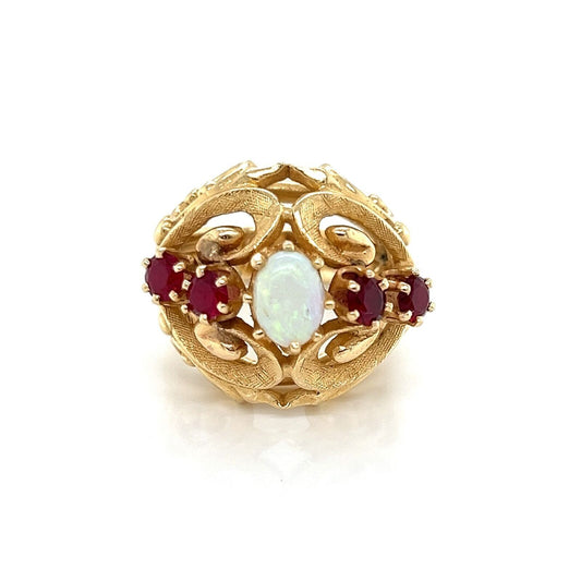 Opal & Garnet 14k Yellow Gold Large Floral Dome Ring - Size 9.5