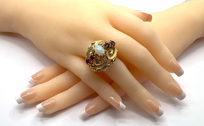 Opal & Garnet 14k Yellow Gold Large Floral Dome Ring - Size 9.5