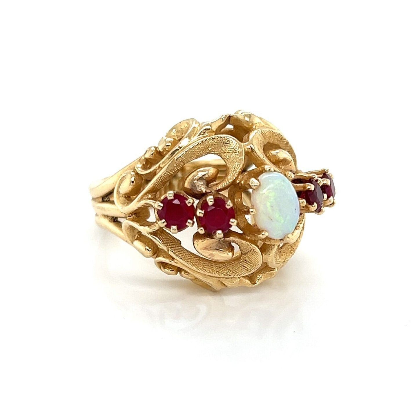 Opal & Garnet 14k Yellow Gold Large Floral Dome Ring - Size 9.5