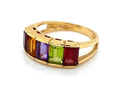 Multicolor Rainbow Gems 14k Yellow Gold Band Ring - Size 6.5