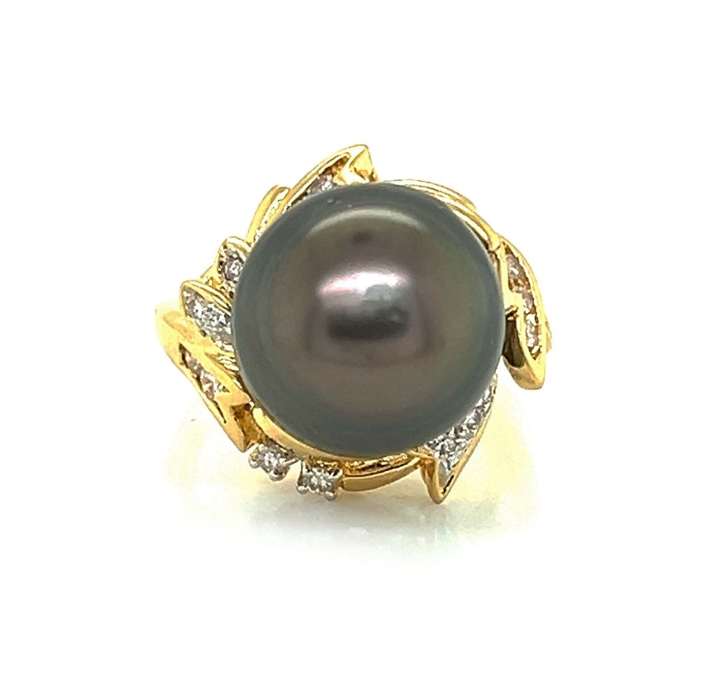 Diamond 14mm Tahitian Pearl Ring in 18k Yellow Gold - Size 6