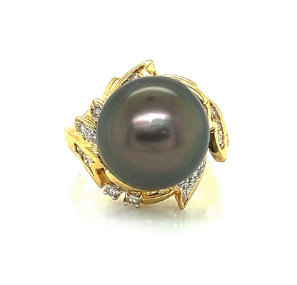 Diamond 14mm Tahitian Pearl Ring in 18k Yellow Gold - Size 6