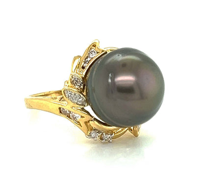 Diamond 14mm Tahitian Pearl Ring in 18k Yellow Gold - Size 6