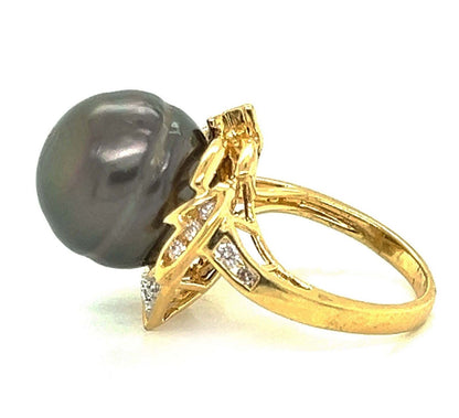 Diamond 14mm Tahitian Pearl Ring in 18k Yellow Gold - Size 6