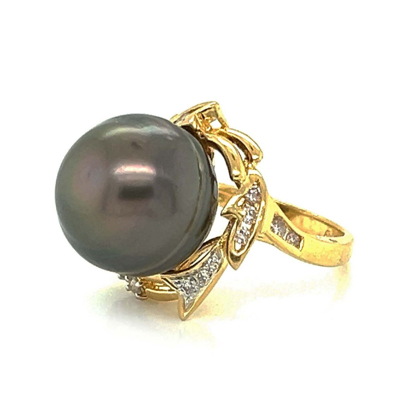 Diamond 14mm Tahitian Pearl Ring in 18k Yellow Gold - Size 6