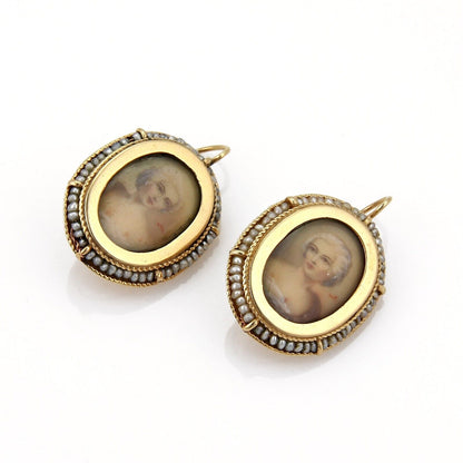 Hand painted Cameo Seed Pearls 14k Yellow Gold Dangle Earrings