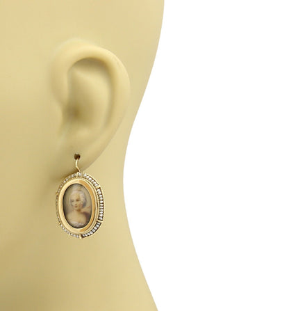 Hand painted Cameo Seed Pearls 14k Yellow Gold Dangle Earrings