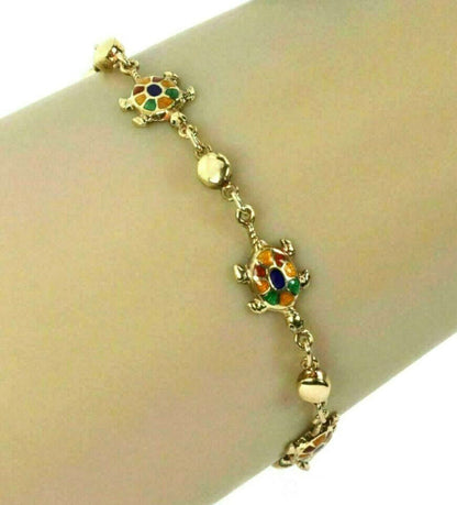 Multi-Color Enamel Turtle 14k Yellow Gold Charms Bead Bracelet
