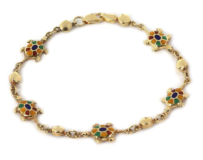 Multi-Color Enamel Turtle 14k Yellow Gold Charms Bead Bracelet