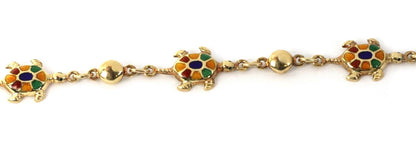 Multi-Color Enamel Turtle 14k Yellow Gold Charms Bead Bracelet