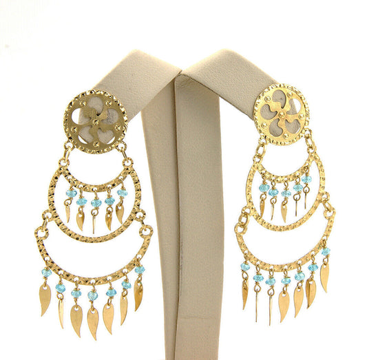 Sun Day Aquamarine 18k Yellow Gold 3 Tier Dangling Bead Chandelier Earrings