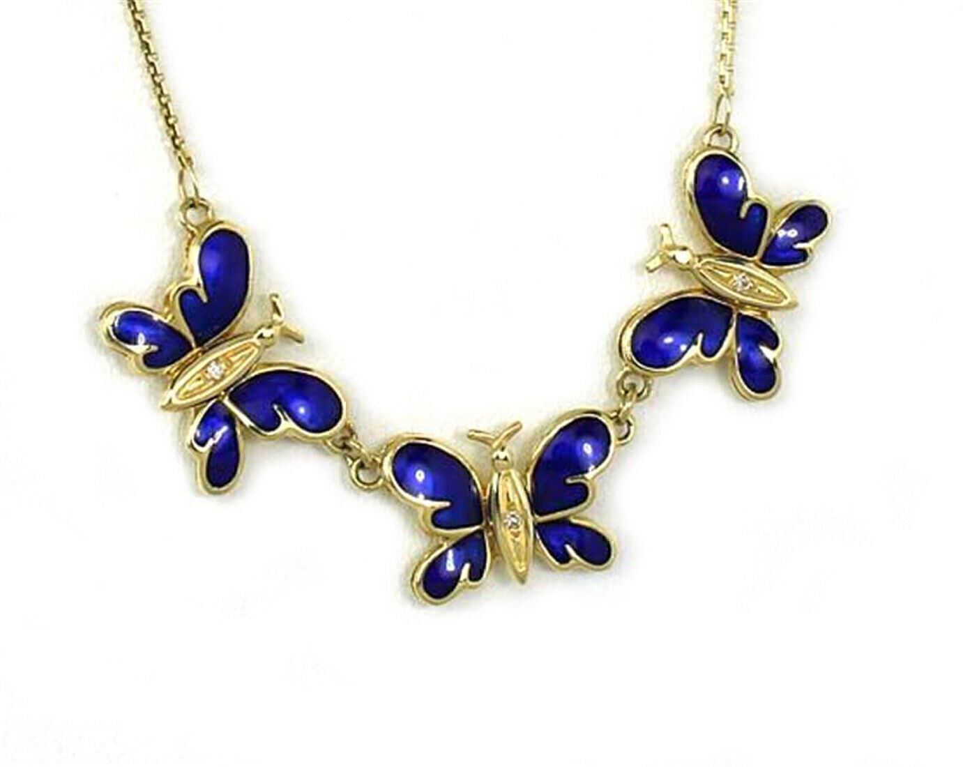 Diamond & Enamel 14k Yellow Gold Triple Butterfly Pendant Necklace