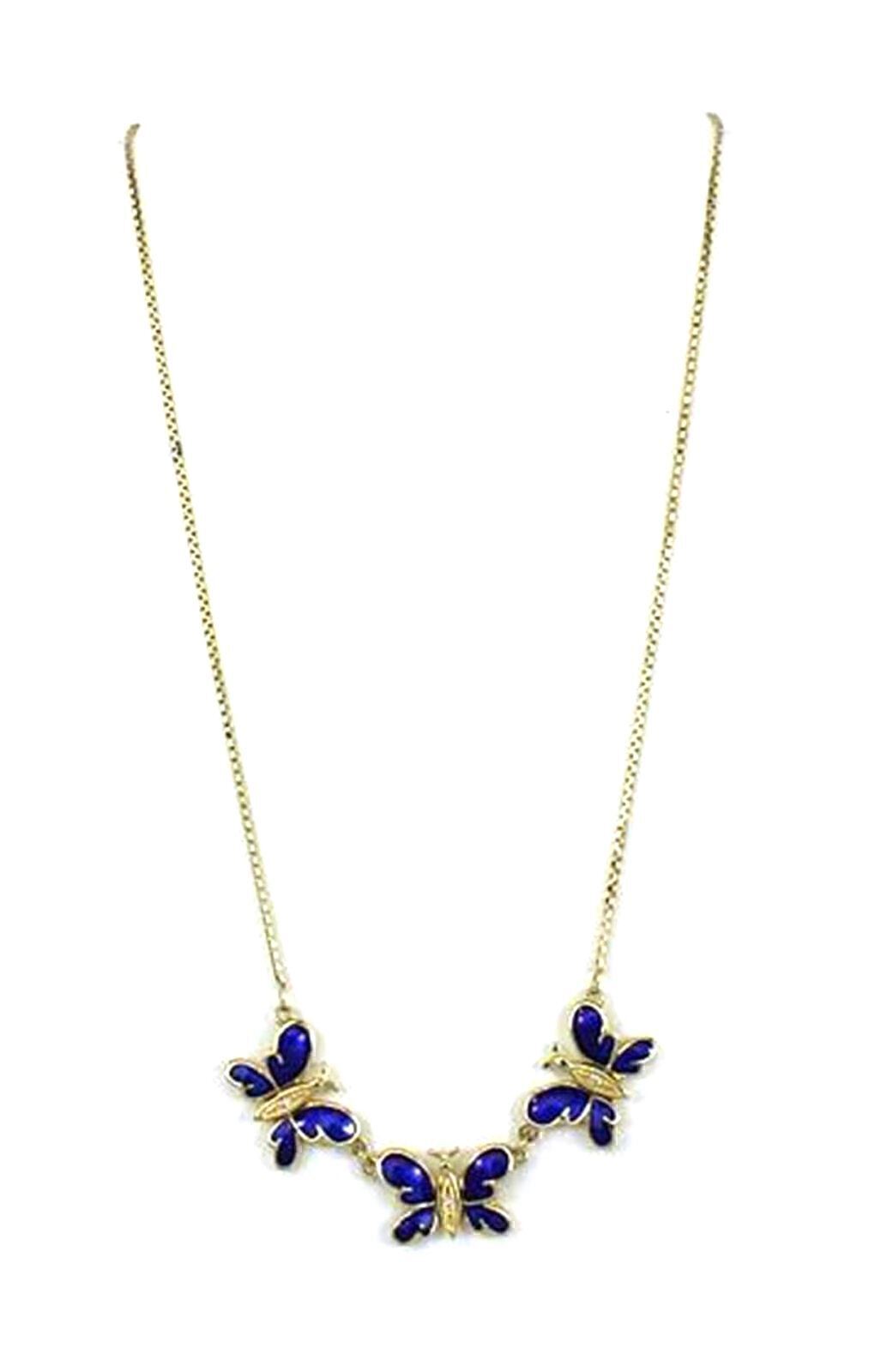 Diamond & Enamel 14k Yellow Gold Triple Butterfly Pendant Necklace