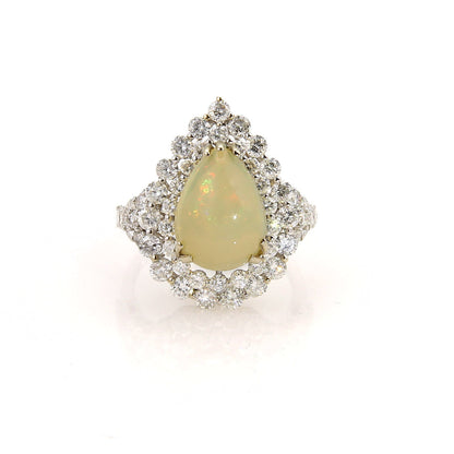 Diamonds & Pear Shaped Opal 18k White Gold Cocktail Ring - Size 6.5