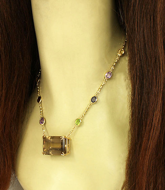 Smoky Quartz 14k Yellow Gold Multicolor Gems Pendant Necklace