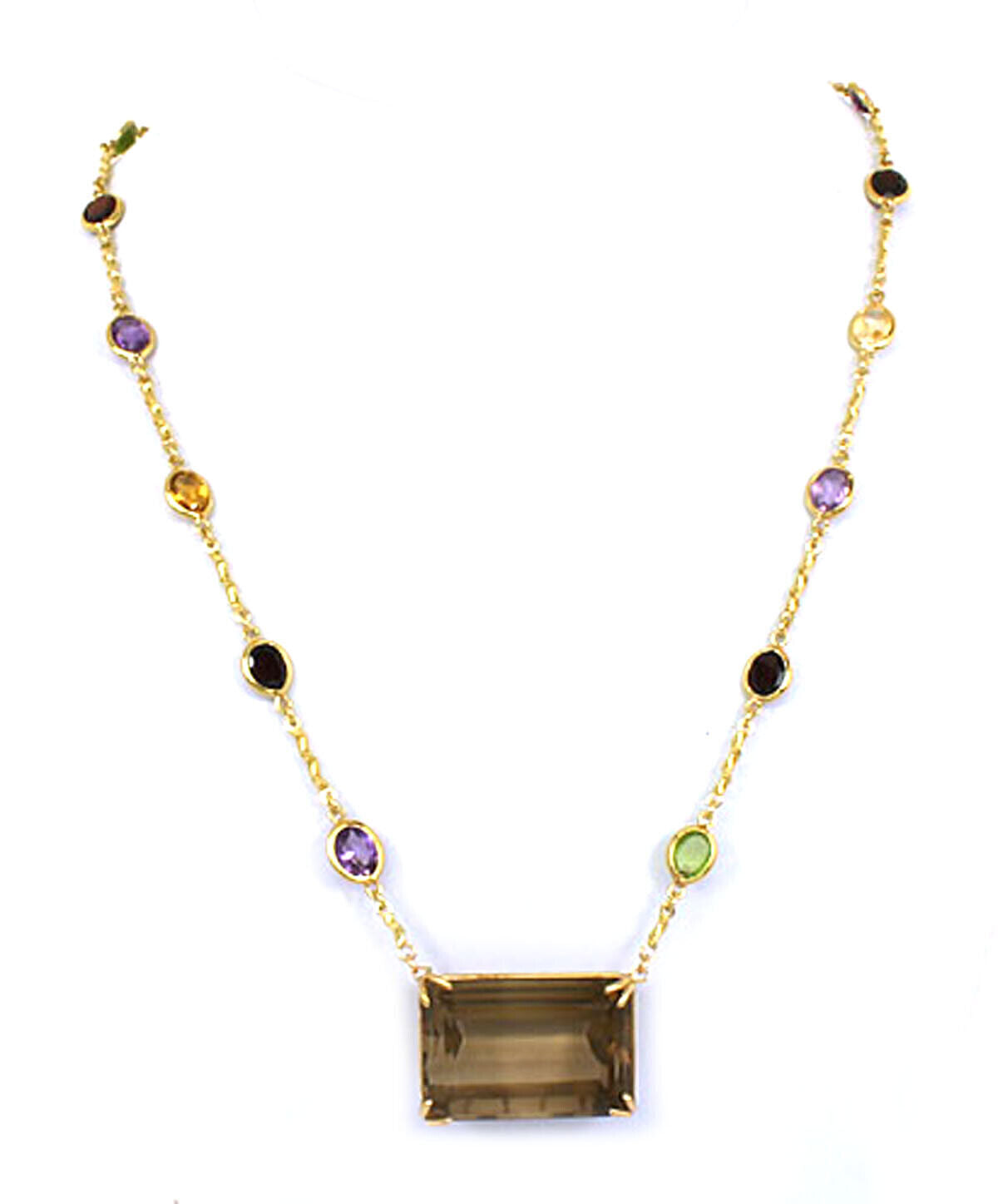 Smoky Quartz 14k Yellow Gold Multicolor Gems Pendant Necklace