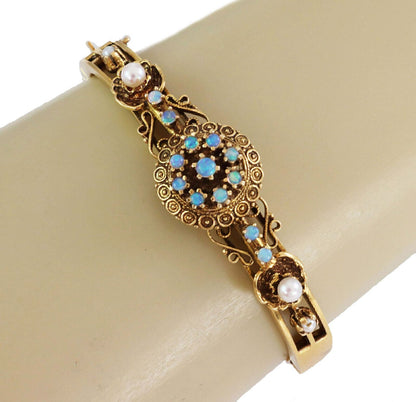 Pearls & Opal 14k Yellow Gold Floral Bangle Bracelet