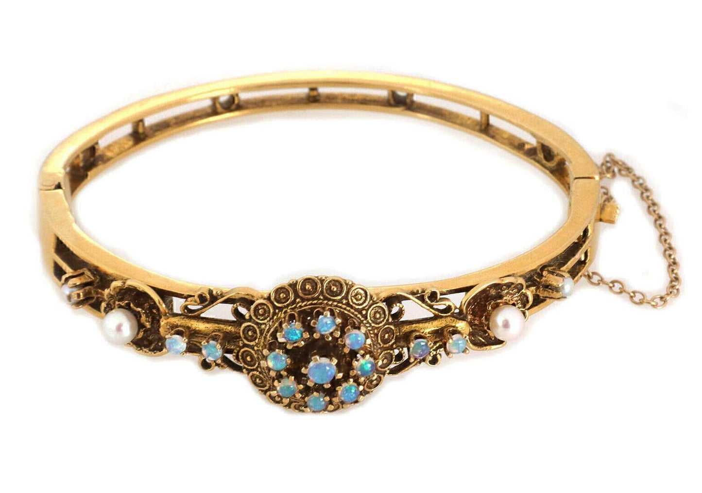 Pearls & Opal 14k Yellow Gold Floral Bangle Bracelet