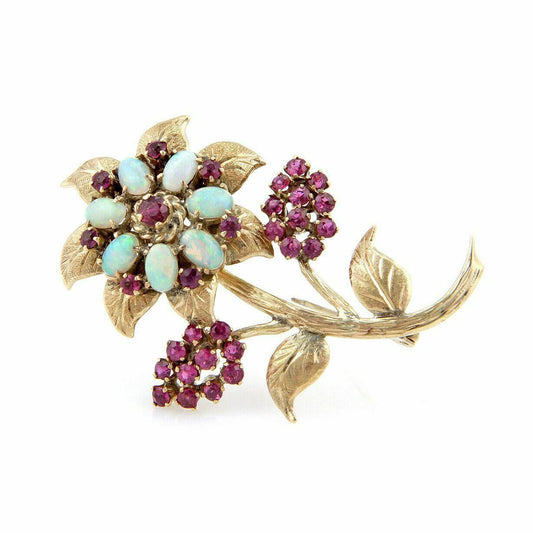 Opal & Ruby Flower 18k Yellow Gold Pin Brooch
