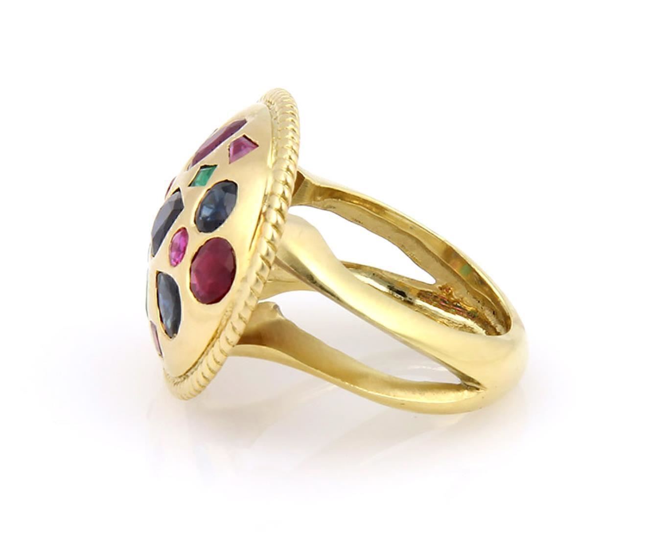 Sapphire Ruby & Emerald 18k Yellow Gold Cigar Ring - Size 6.5