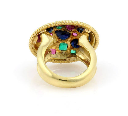 Sapphire Ruby & Emerald 18k Yellow Gold Cigar Ring - Size 6.5