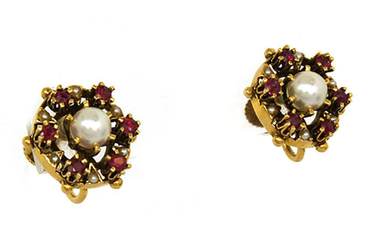 Pearls & Rubies 14k Yellow Gold Floral Screw Back Earrings