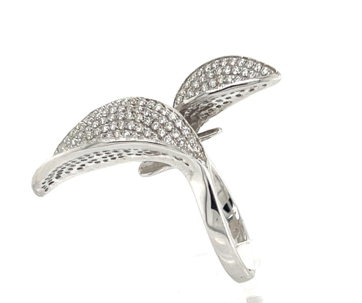 Diamond 14k White Gold Leaves Bypass Fancy Ring - Size 7.5