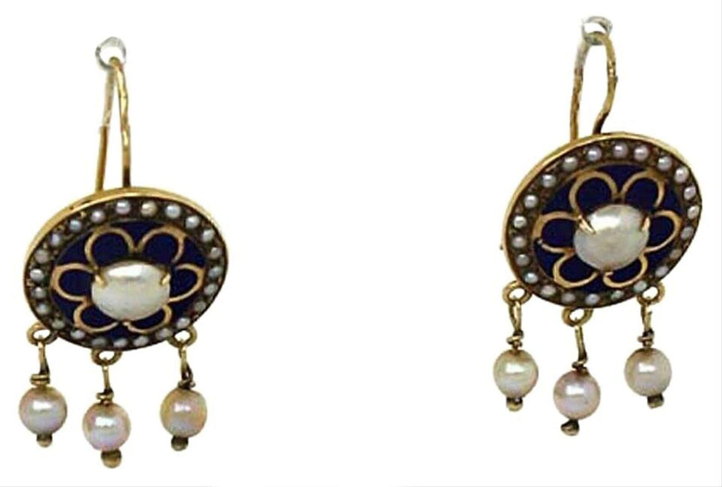 Enamel & Pearls Floral Hook 14k Yellow Gold Dangle Earrings